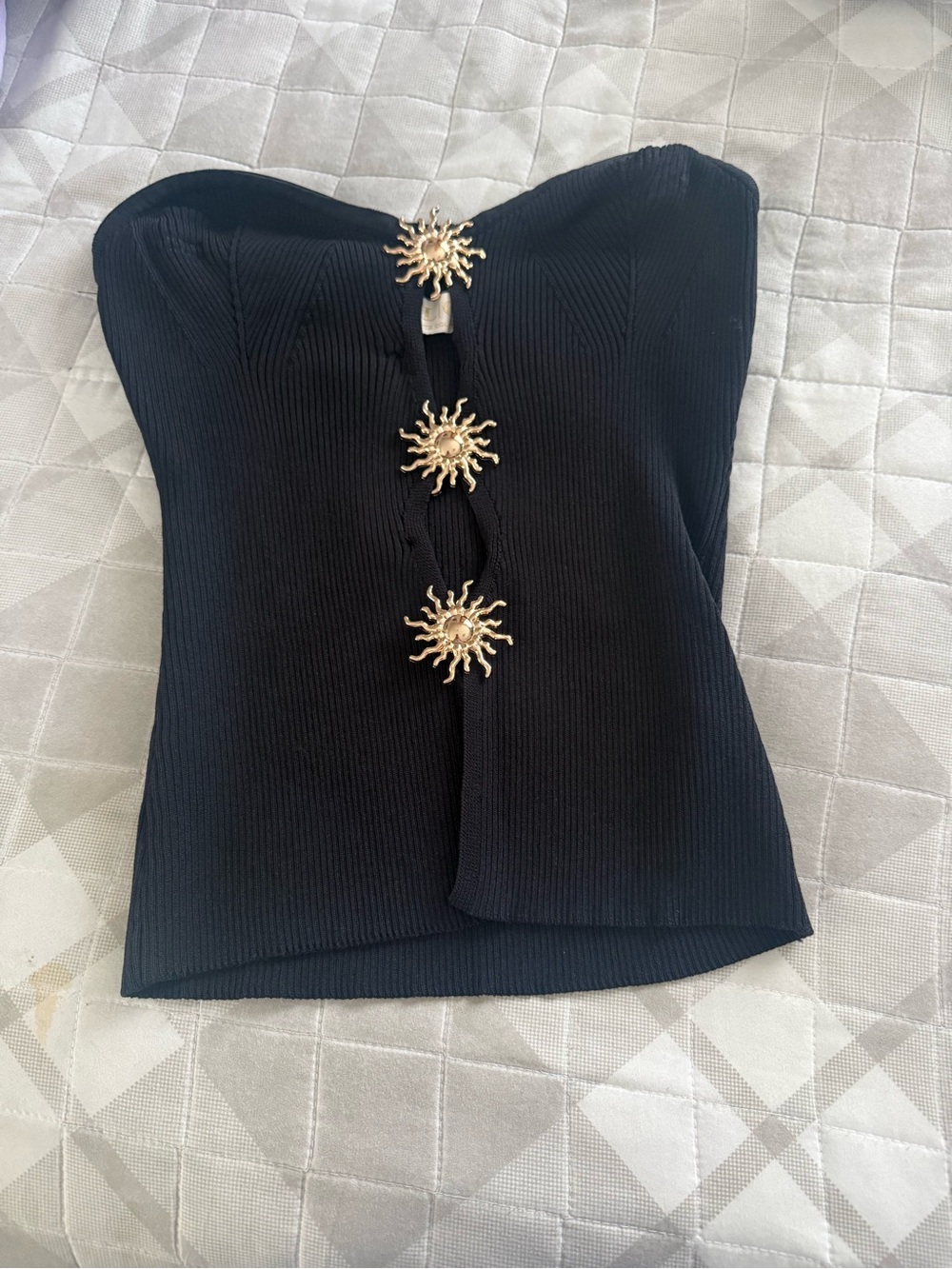 Strapless Black Ribbed Tube Top with Gold Sunburst Accent Buttons